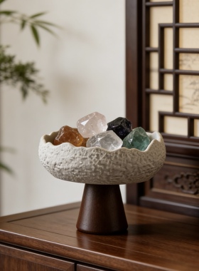 侘寂风中式高脚陶瓷水晶球石头托盘高颜值实木桌面装饰品玄关摆设
