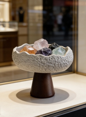 侘寂风中式高脚陶瓷水晶球石头托盘高颜值实木桌面装饰品玄关摆设