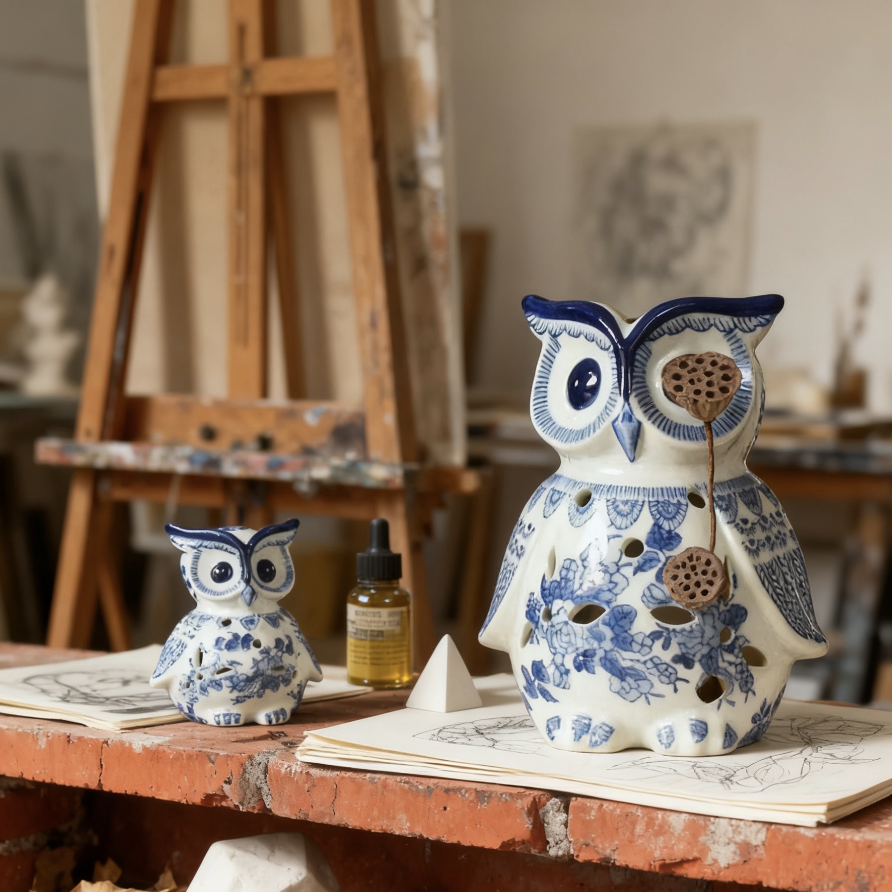 自然主义青花瓷猫头鹰香薰炉家居办公室可爱红色猫头鹰陶瓷雕塑