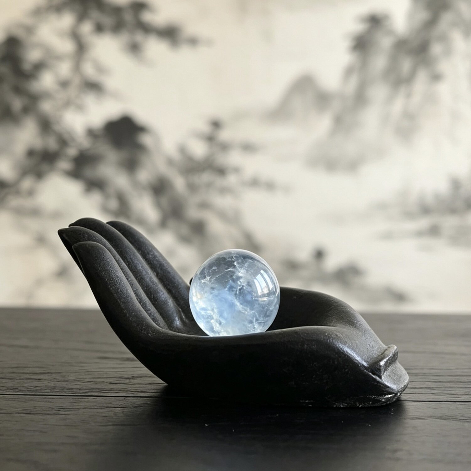 侘寂风中古黑色佛堂清供放水晶球的底座托盘稳重桌面装饰摆件创意