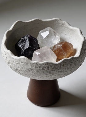 侘寂风中式高脚陶瓷水晶球石头托盘高颜值实木桌面装饰品玄关摆设