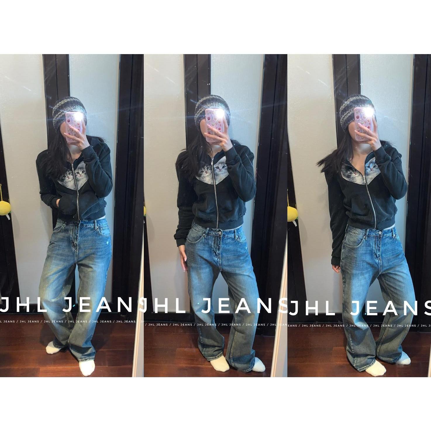 jhl拉链长裤水洗蓝四季微喇叭