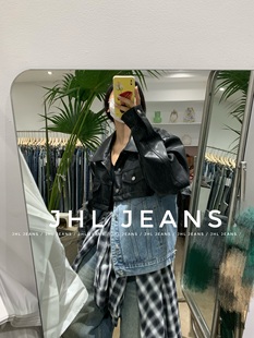 重磅 JHL 私服款 水洗牛仔拼接廓形皮衣外套夹克衫 JEANS