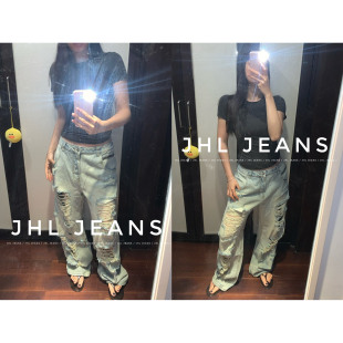 JHL JEANS 原创自制 破坏美学 重工水洗破洞牛仔裤 浅蓝色男女