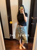 JHL 男女 时髦牛仔五分短裤 JEANS 水洗蓝前口袋抹料废土feel