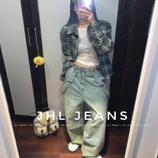 JEANS 牛仔背带裤 有趣 水洗渐层 男女 好看 JHL