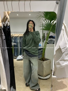 新品 原创设计超时髦简约做旧墨绿色牛仔阔腿裤 JEANS JHL