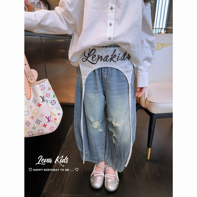 莉娜kids时髦感蕾丝流苏飘带牛仔裤时髦洋气女童裤子25081103