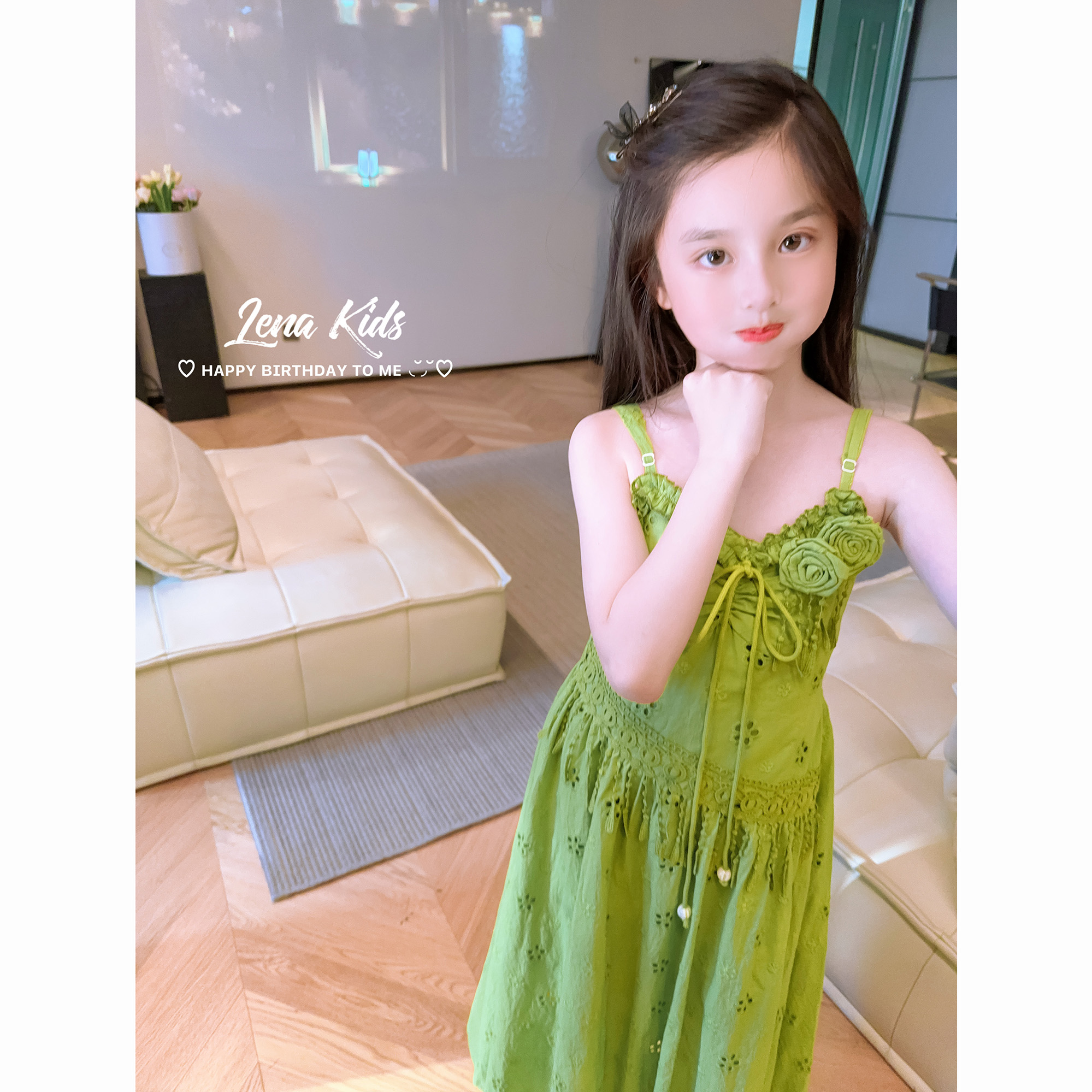 莉娜kids显白牛油果绿镂空花棉布裙女童连衣裙25052501