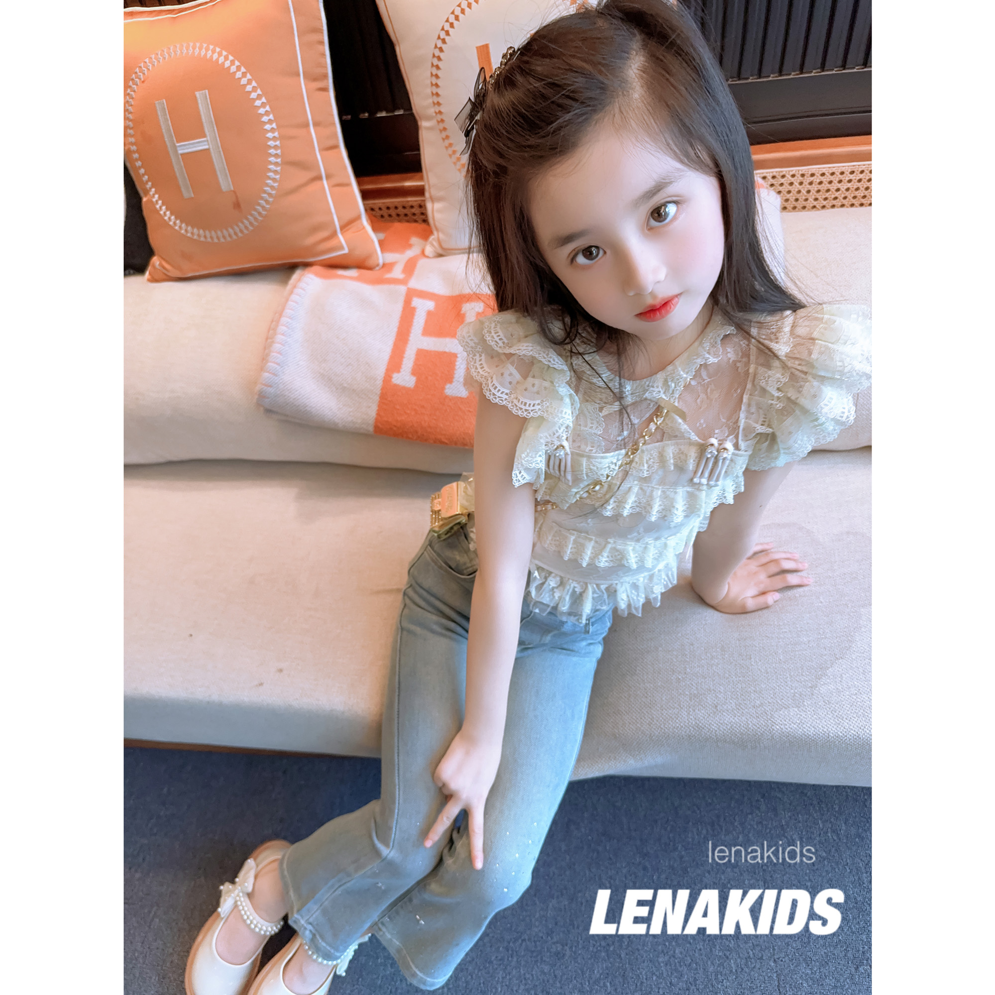 Lenakids新中式蕾丝亲子小衫女童气质时髦衬衫24030604