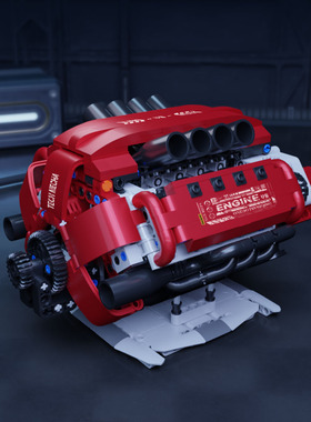 ONEBOT V型8缸发动机模型 机械积木拼装玩具仿真汽车引擎桌面摆件