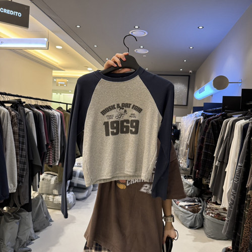 韩国代购百搭数字拼色长袖T恤女