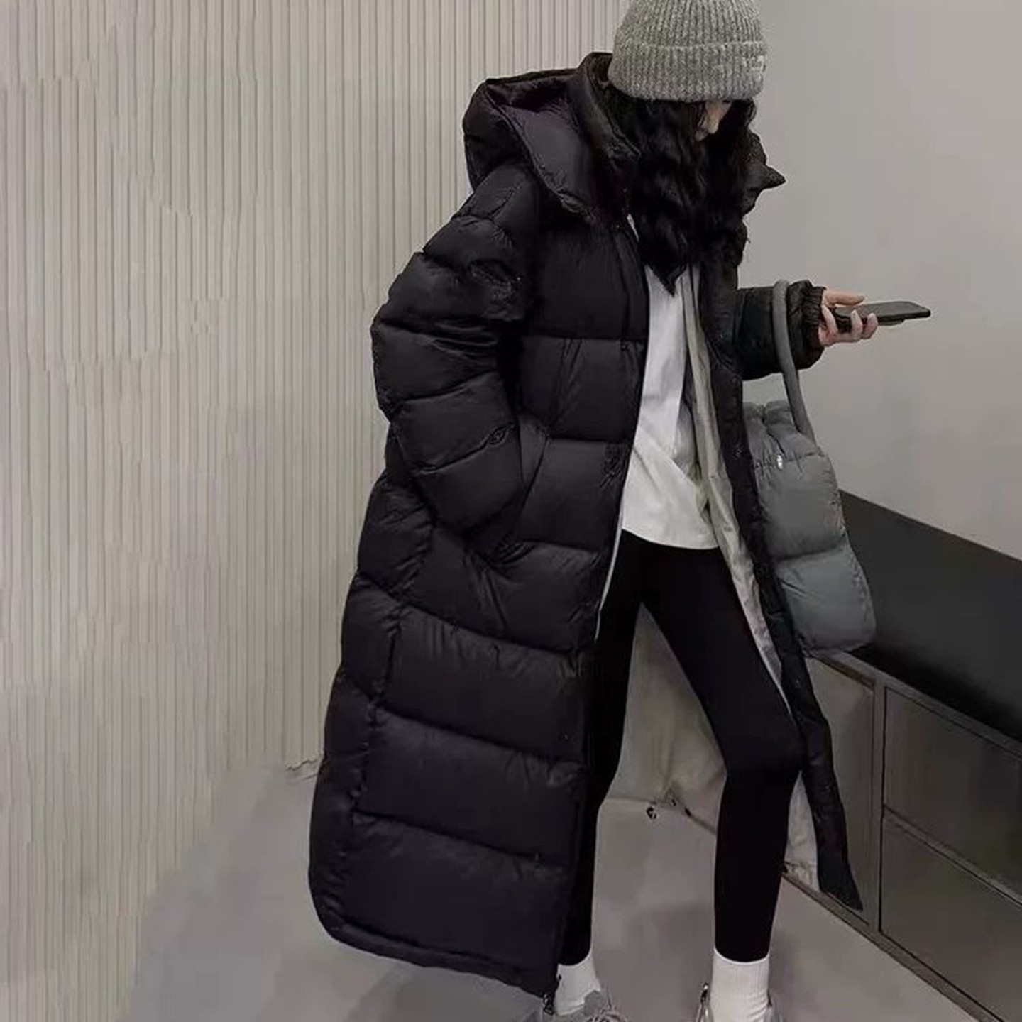 韩国代购休闲连帽保暖长款羽绒服