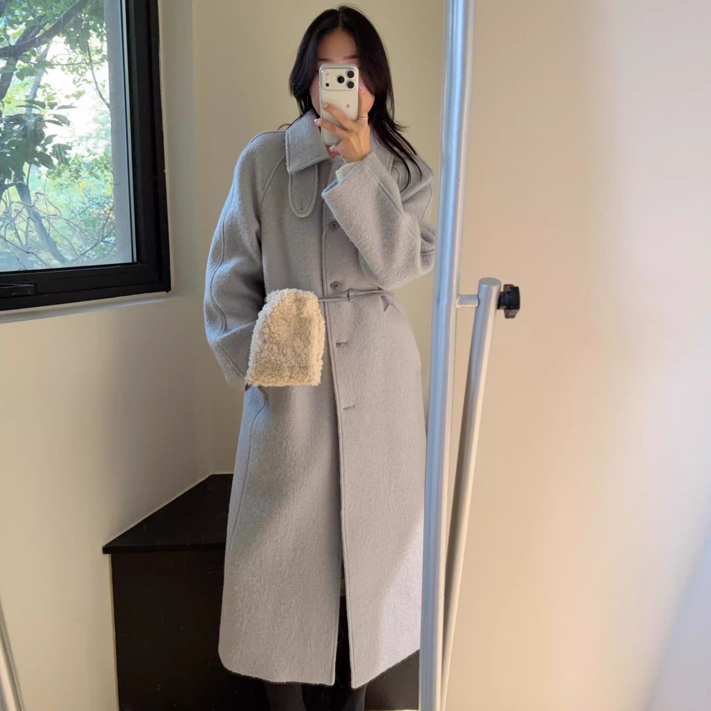 韩国代购时尚百搭中长款毛呢大衣