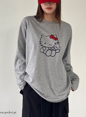 现韩国东大门代购ANOTHER AVENUE2025百搭宽松猫咪印花长袖T恤女