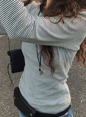 现韩国东大门代购tempting2025秋季修身百搭后背U领假两件条纹T恤