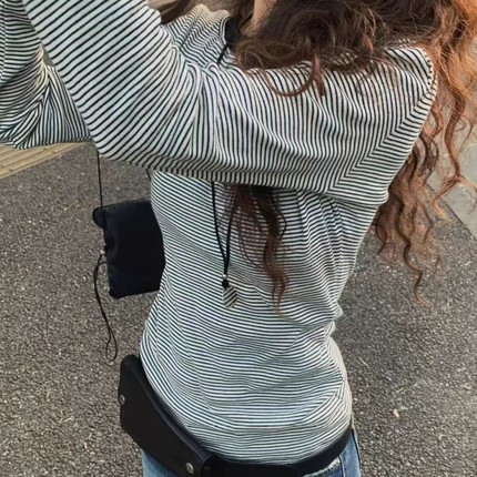 现韩国东大门代购tempting2025秋季修身百搭后背U领假两件条纹T恤