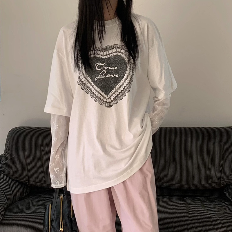 现韩国东大门代购女PEBBLE2025夏季款百搭宽松爱心蕾丝袖纯棉T恤
