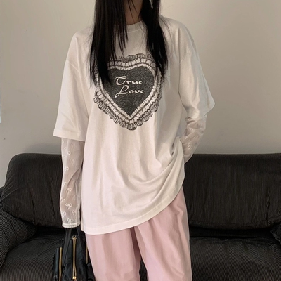 短袖百搭T恤蕾丝袖纯棉女韩国