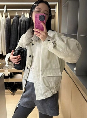 现韩国东大门代购Plant Ale2025冬韩系简约羊羔毛拼接短款羽绒服