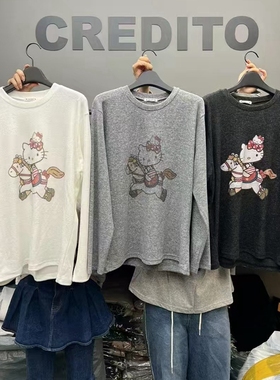 现韩国东大门代购CREDITO2025秋季款时尚简约木马凯蒂猫长袖T恤女