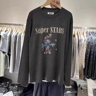 现韩国东大门代购女MONE2025冬季百搭卡通蓝精灵印花磨毛长袖T恤