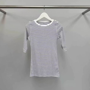 现韩国东大门代购 简约时尚 圆领撞色条纹打底短袖 T恤 water2026夏季