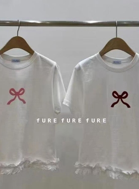 现韩国东大门代购fure2025春夏洋气小蝴蝶结图案蕾丝拼接短袖T恤