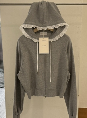 现韩国东大门BPLAN2025秋季新款百搭连帽蕾丝花边拼接卫衣外套女