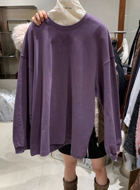 现韩国东大门代购tempting2025冬季通勤百搭圆领纯色条纹长袖T恤