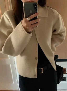 现韩国东大门代购lerobe2025秋冬款气质百搭纯色翻领暗扣针织开衫