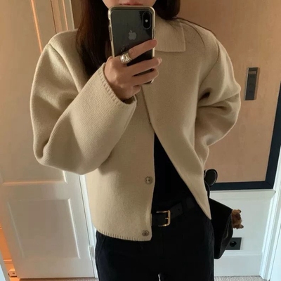 韩国代购翻领暗扣百搭针织开衫