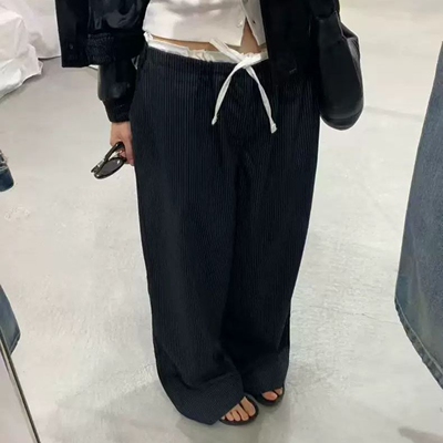 系带松紧腰韩国代购直筒休闲裤