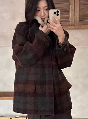 现韩国东大门代购ERUME2025冬季复古百搭毛领格子中长款大衣外套