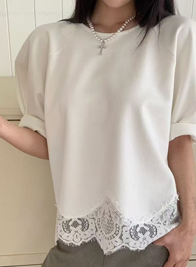 现韩国东大门代购TARA BY MOTION2026春简约洋气蕾丝拼接圆领上衣