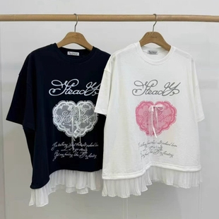 现韩国东大门代购by chapter2025夏季百搭花边拼接爱心蝴蝶结T恤