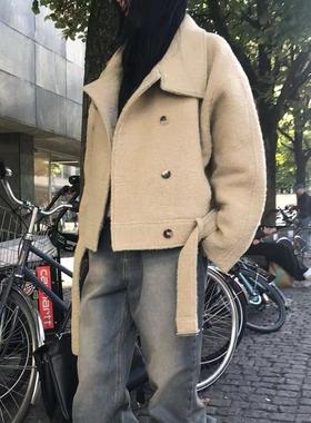 现韩国东大门代购PADO2025秋冬时尚洋气短款显瘦腰带立领毛呢外套