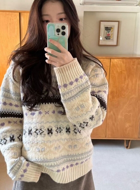 现韩国东大门代购ERUME2025冬休闲百搭圆领撞色提花套头针织毛衣