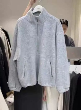 现韩国东大门代购jinsim2025冬季简约时尚绒面舒适半拉链套头卫衣