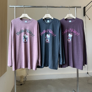 T恤女 百搭宽松卡通猫咪字母印花长袖 现韩国东大门CELLI2025秋季 款