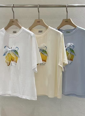 现韩国东大门代购Fizz2025夏季时尚洋气蝴蝶结柠檬印花短袖T恤女