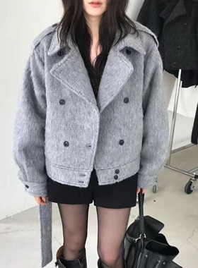 现韩国东大门代购Nuese2025秋冬韩系百搭双排扣系带设计毛呢大衣