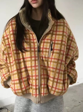 现韩国东大门代购breathe2025冬季复古撞色格子两面穿摇粒绒外套