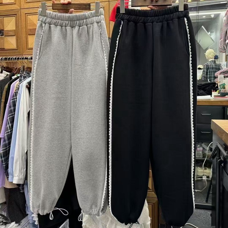现韩国东大门代购Heyjude2025秋百搭松紧腰蕾丝边可束脚休闲卫裤