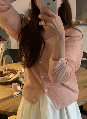 现韩国东大门代购OBJET2025秋季款洋气百搭舒适V领单排扣针织开衫