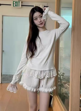 现韩国东大门代购arancia2025冬季简约洋气蕾丝花边袖磨毛打底T恤