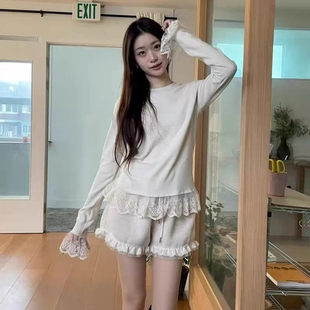现韩国东大门代购arancia2025冬季简约洋气蕾丝花边袖磨毛打底T恤