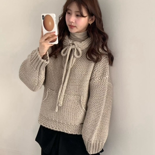 现韩国东大门代购egg2025秋冬韩系简约侧开小叉纯色连帽针织毛衣