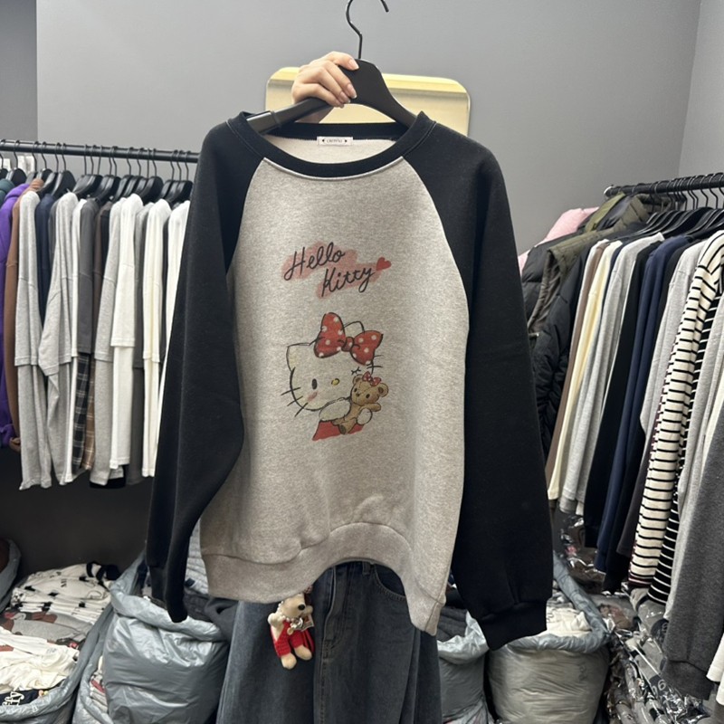 现韩国东大门代购女CREDITO2025冬新款百搭卡通猫咪印花加绒卫衣