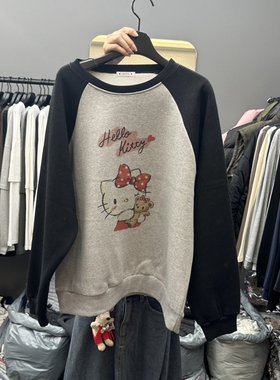 现韩国东大门代购女CREDITO2025冬新款百搭卡通猫咪印花加绒卫衣